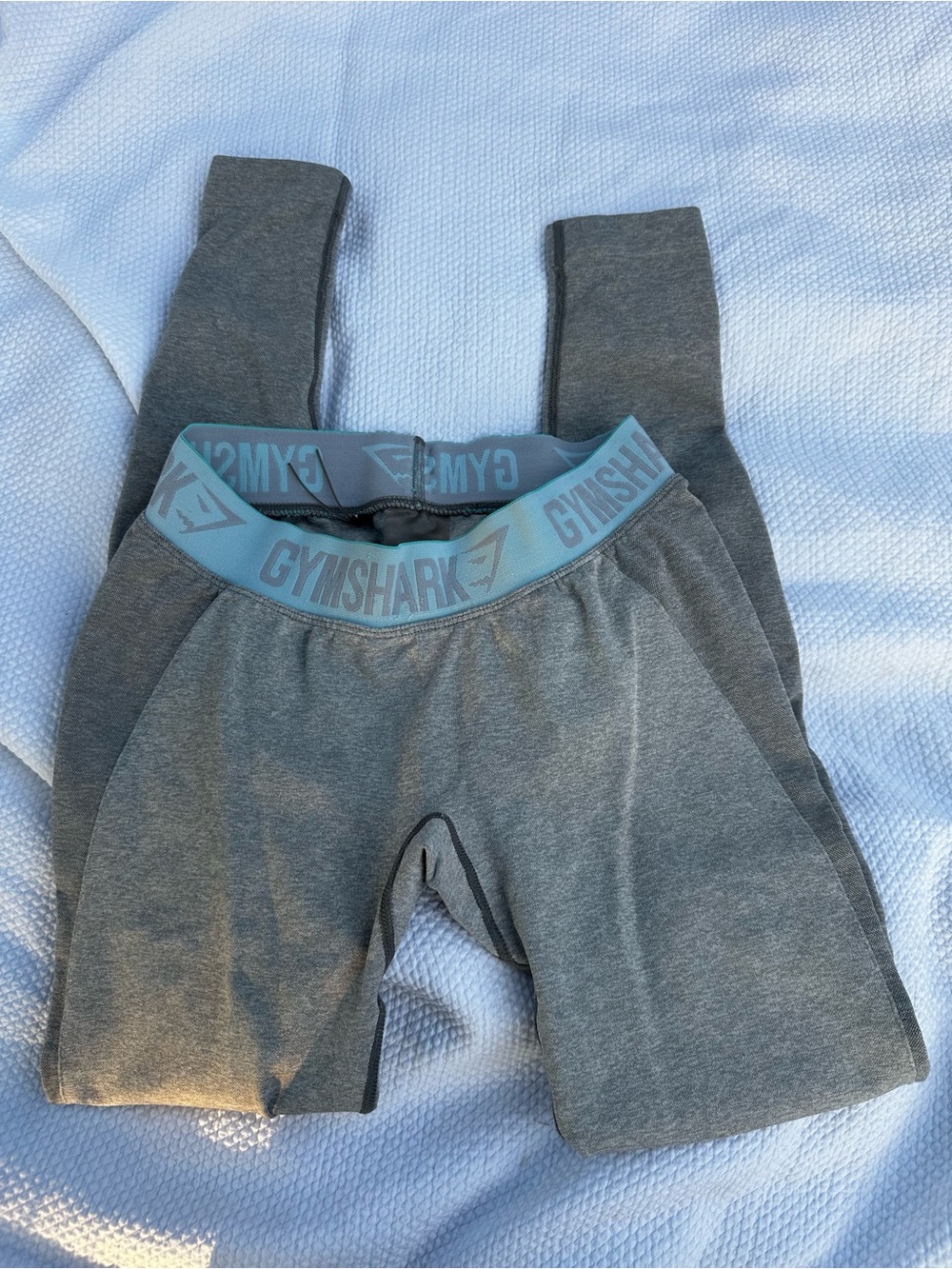 Gymshark Grey Leggings with Light Blue Logo Waistband